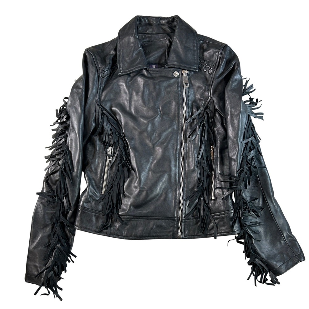 Amaryllis Womens Black Genuine Leather Fringe Moto Biker Jacket Size M RN 143048